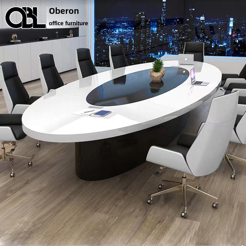 白色彩绘椭圆形会议桌长桌简约现代时尚洽谈桌大型会议室桌椅组合