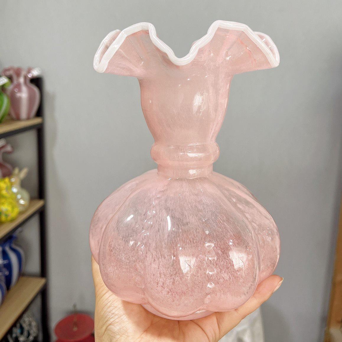 SoftHome芬顿风粉色渐变复古法式南瓜玻璃花瓶居家插花器软装摆件