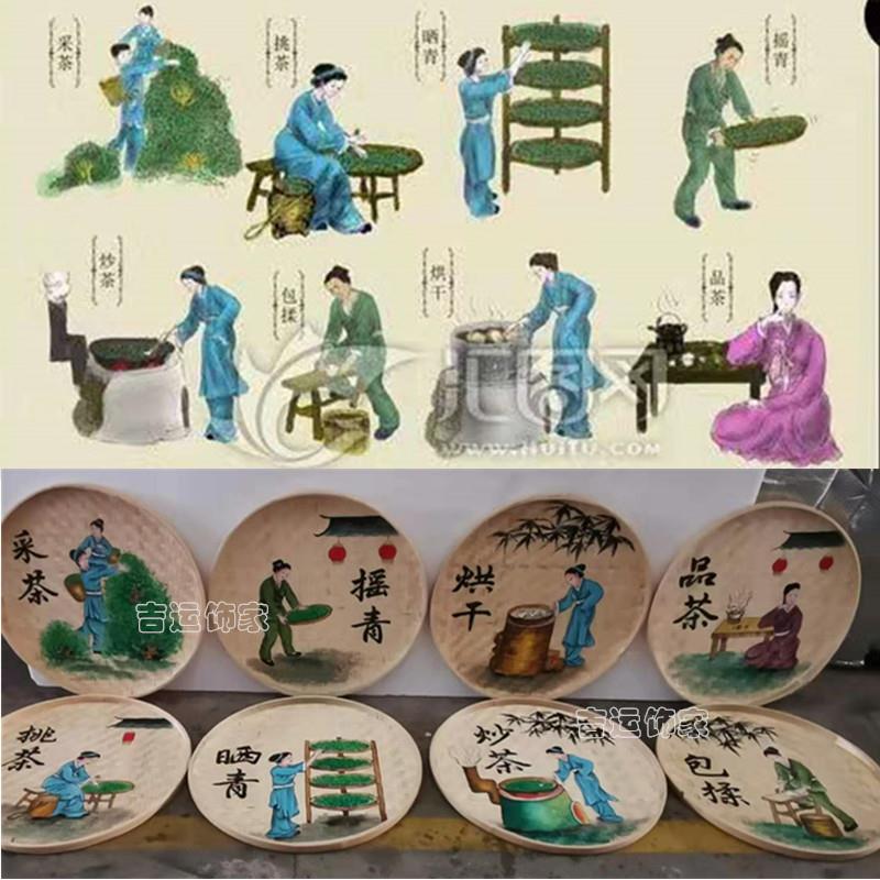 复古茶室餐馆装饰墙饰竹筛子手绘圆簸箕画墙面墙壁挂饰竹编装饰品