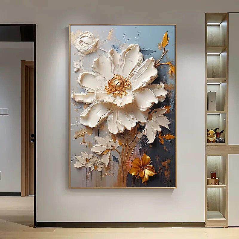 花开富贵玄关装饰画肌理感砂岩立体镶钻花卉客厅挂画走廊过道壁画
