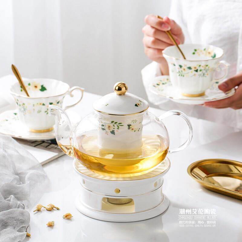 JuSunDe 田园骨瓷花茶壶下午茶杯碟陶瓷玻璃温茶炉红茶花草茶具