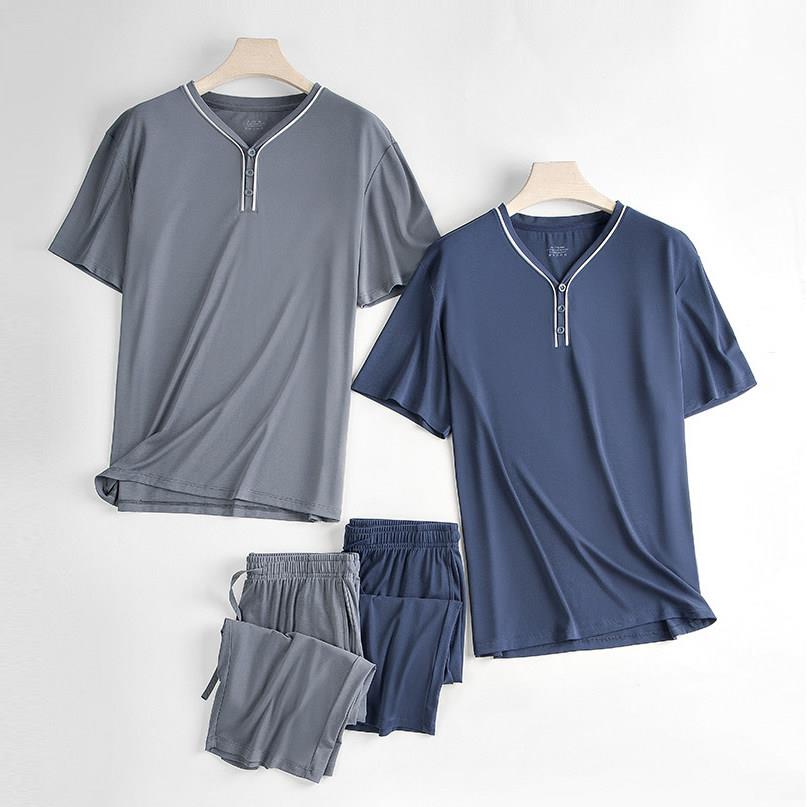 80S莫代尔春秋款冰丝睡衣套装居家服秋季男士短袖长裤男款家居服