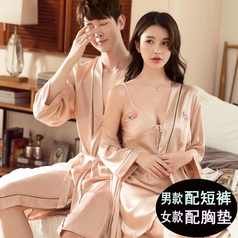 丝绸情侣睡袍女睡衣春秋睡裙薄款冰丝浴袍男士大码夏季家居服套装