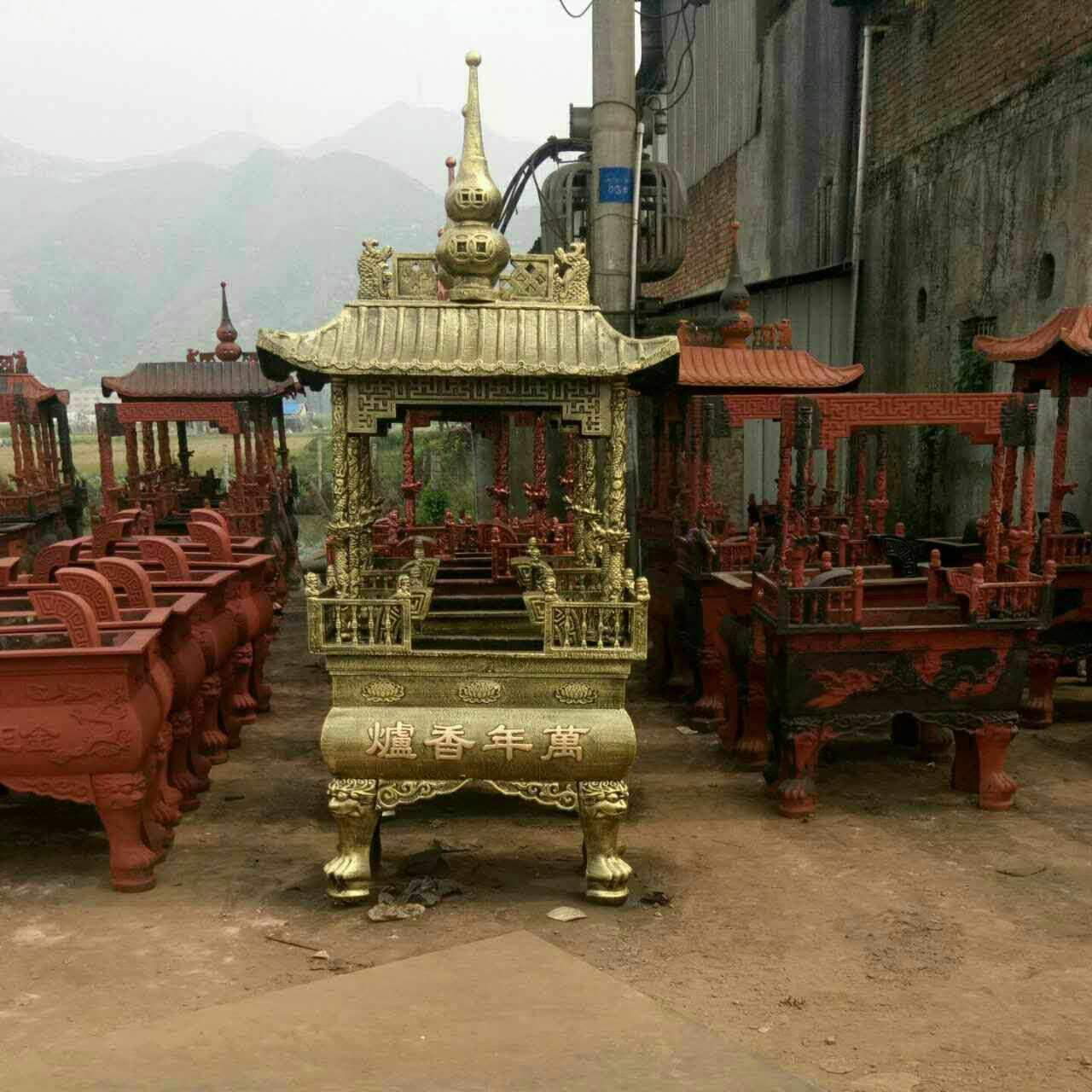 铸铁香炉寺庙长方形四龙柱香炉景区宗祠寺院大型带盖香炉插香香炉