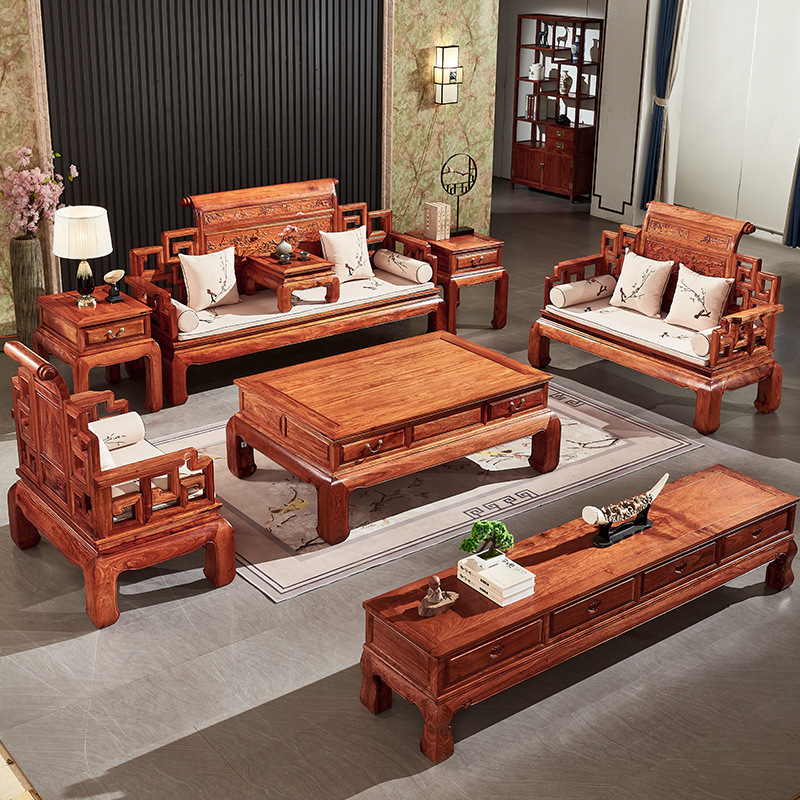 大古树缅甸花梨木家具卷书沙发山水宝座大果紫檀别墅独板组合