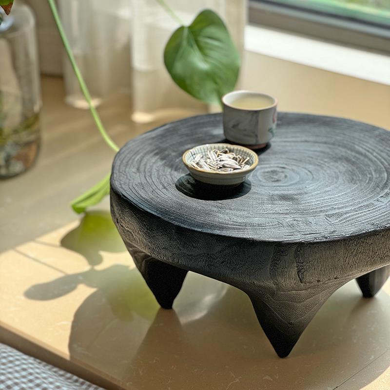 侘寂实木飘窗小茶台圆形茶几黑色地台茶桌榻榻米桌子炕桌炕几矮桌