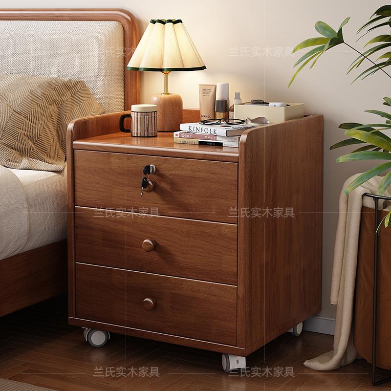 实木床头柜带轮可移动简约现代家用卧室储物柜小型带锁床边小柜子
