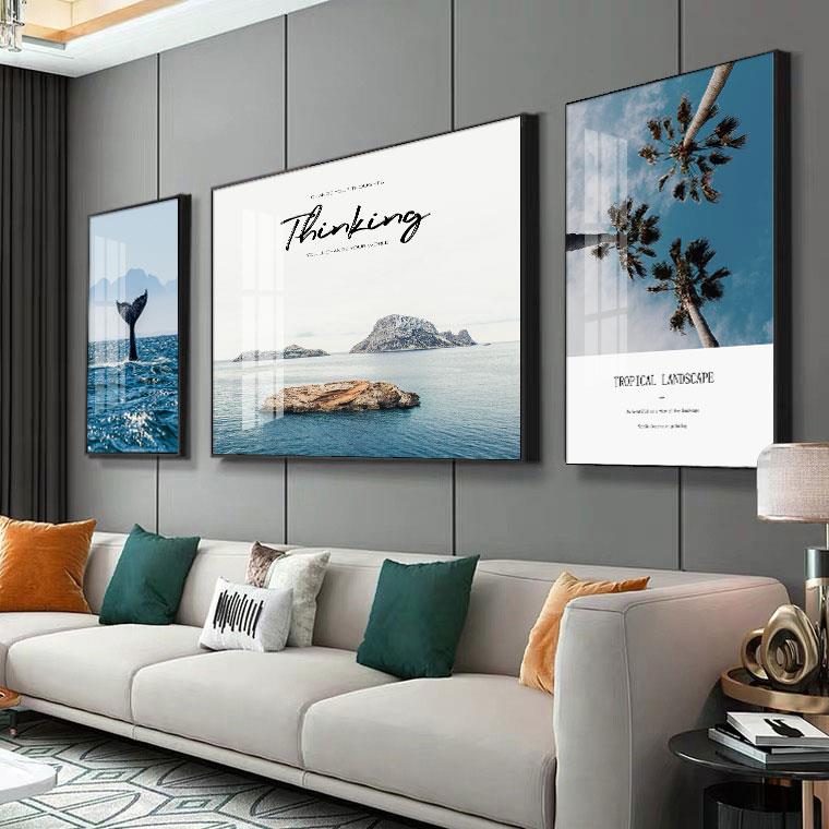 现代装饰画客厅海景壁画沙发背景墙晶瓷镶钻三联画办公室轻奢挂画图片