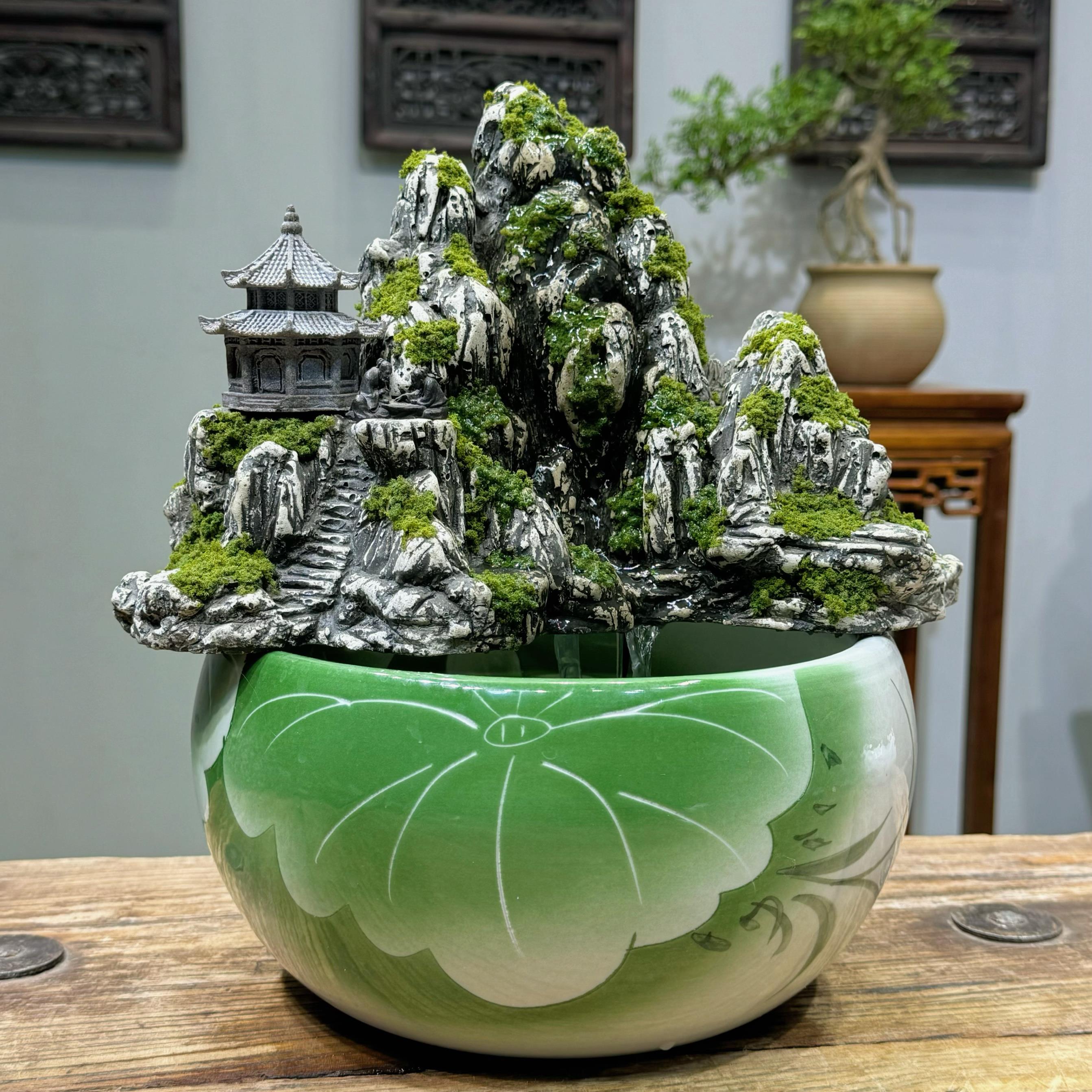 新中式复古风格高山流水桌面庭院书房造景微景观装饰流水摆件