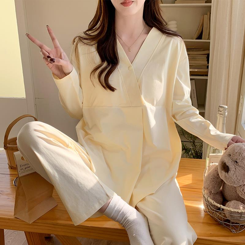 带胸垫纯棉月子服春秋款产后哺乳孕妇睡衣夏季薄怀孕期大尺码两件