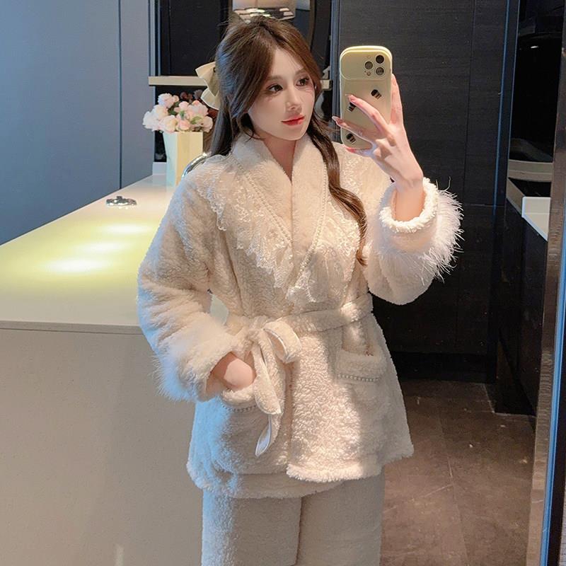 2025新款睡衣女秋冬季加绒加厚法式少女保暖外穿珊瑚绒家居服套装