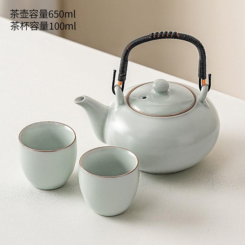 景德镇天青汝窑提梁壶功夫茶具套组一壶四杯茶盘茶奉陶瓷大容量茶