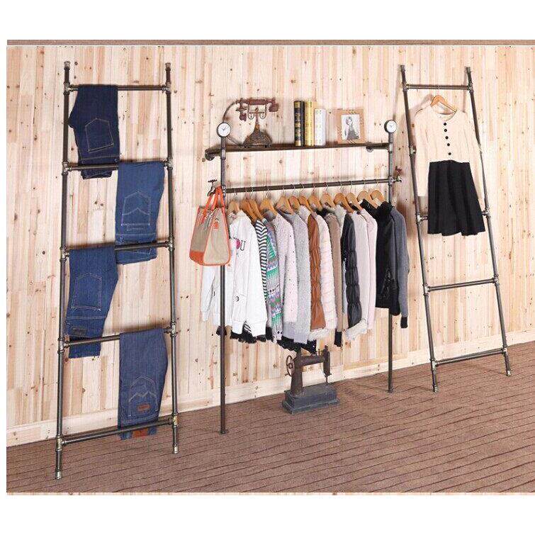 简约现代铁艺实木复古做旧服装店展示水管龙门落地挂衣帽架