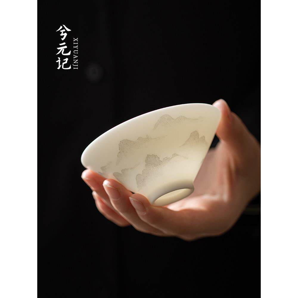板脂玉摩山手绘大师杯陶瓷茶杯单杯个人高档竹帽杯茶杯