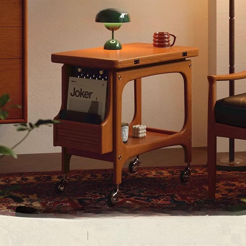 实木折叠茶几，家庭客厅手推车，彷古风格多功能小公寓沙发边桌，