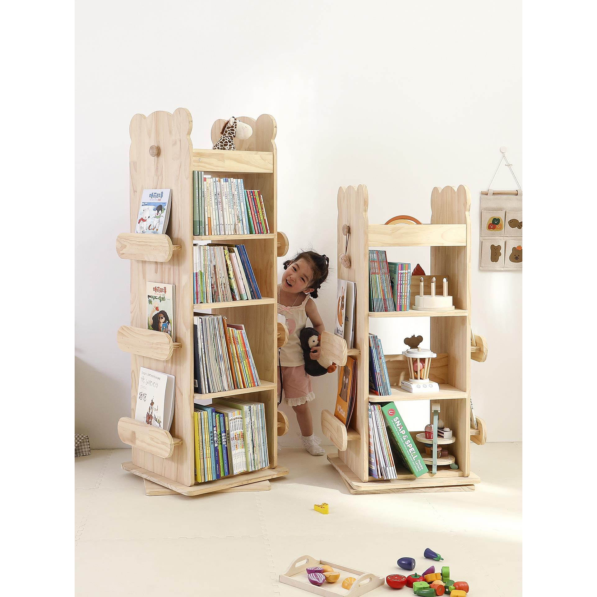 旋转书架360度圆形多层展示幼儿园阅读区儿童书柜实木宝宝绘本架