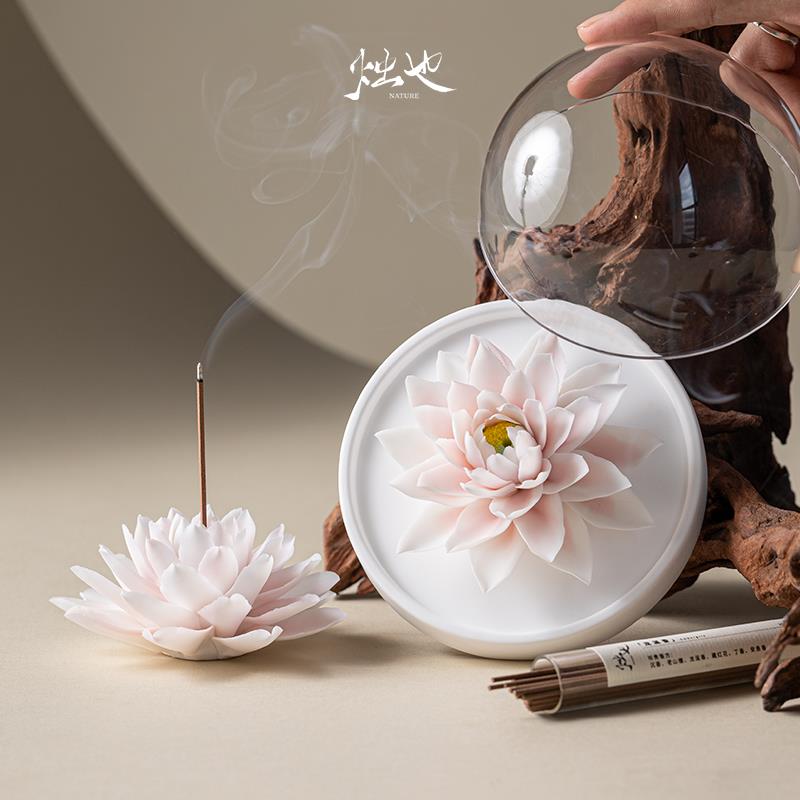 白玉瓷睡莲非遗手捏陶瓷花线香插扩香器香薰家居摆件高档小众礼物
