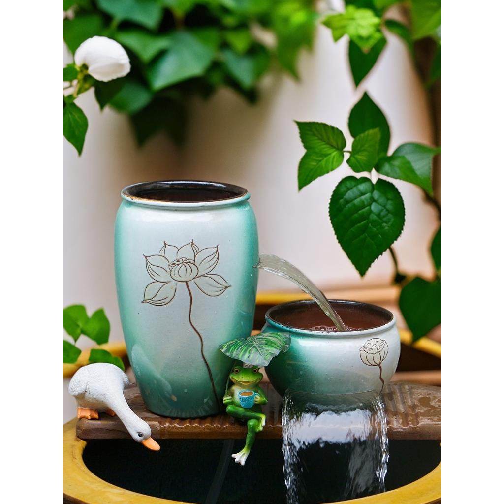 Ls-333水景饰品庭院瀑布流水池古生态鱼缸莲花流水陶罐循环氧合