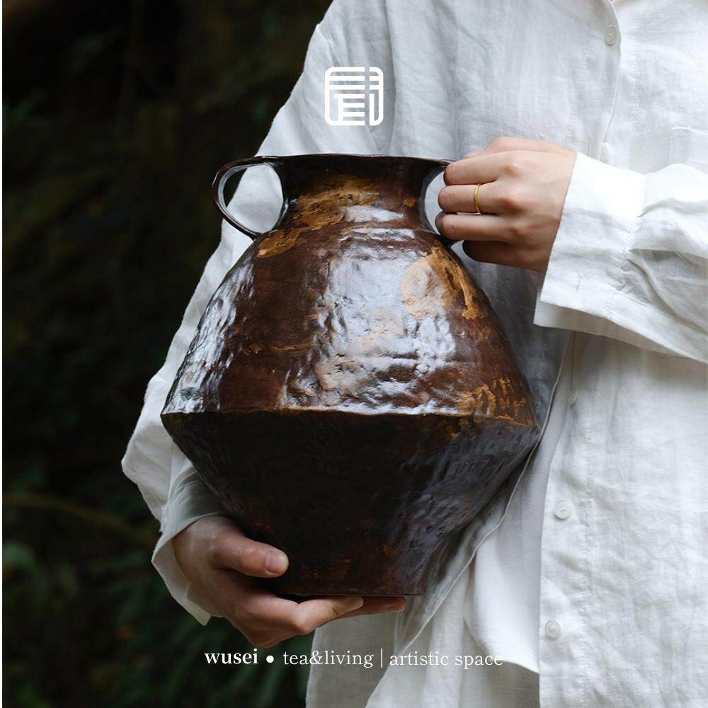 闻说WUSEI 日式侘寂风手工大花瓶 陶艺茶空间花器客厅摆件茶道具