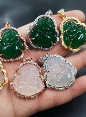 四海玉器 镶嵌绿玉髓玛瑙弥勒佛吊坠 绿玛瑙大肚佛玉坠 挂件