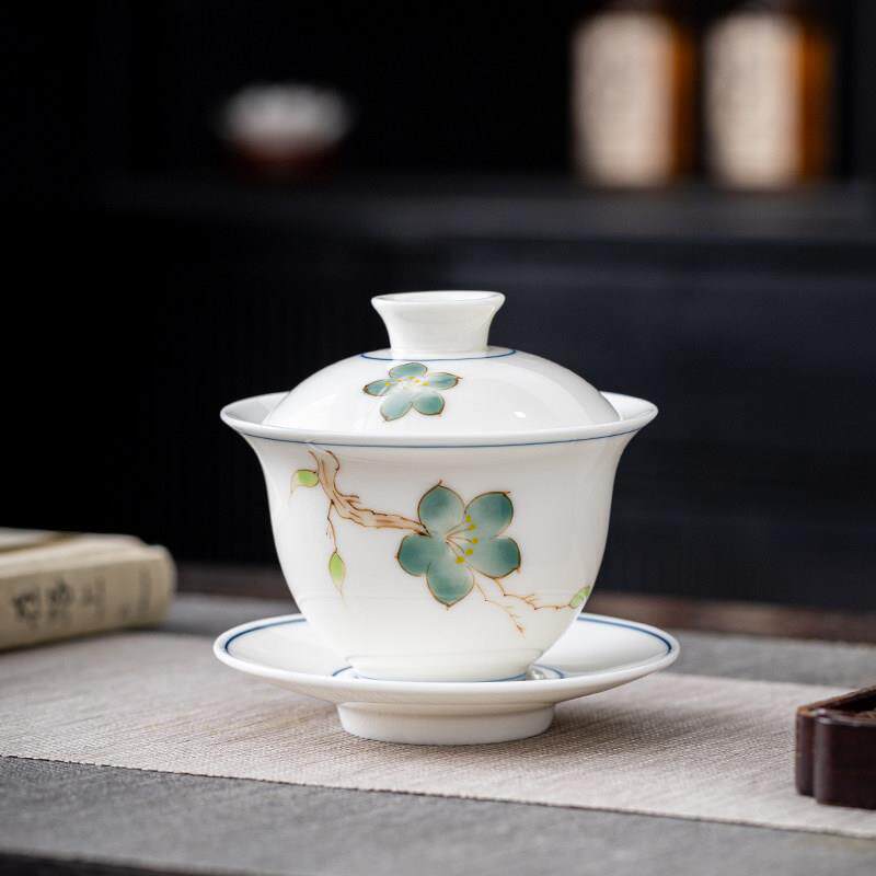 羊脂玉悬停盖碗茶杯手绘白瓷三才泡茶碗套装青花功夫茶具釉下彩