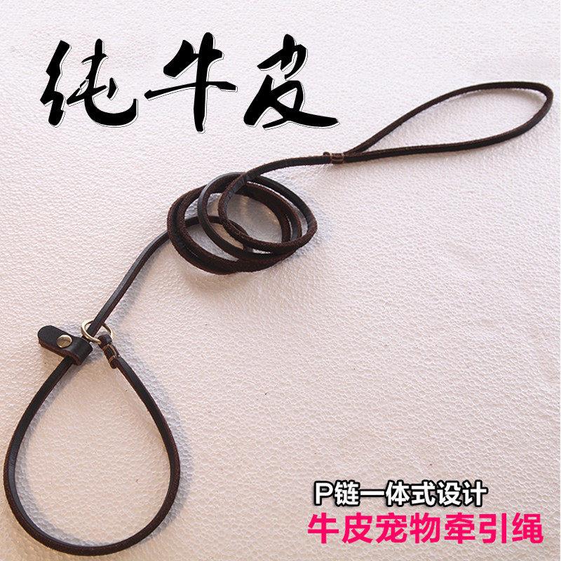 牛皮宠物小狗牵引绳小型犬真皮P链项圈猫泰迪雪纳瑞一体式遛狗绳