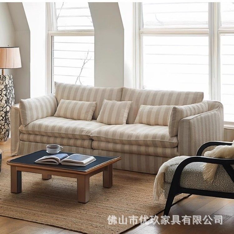 侘寂风布艺沙发条纹小户型客厅可拆洗沙发棉亚麻布大坐深宽版沙发,住宅家具,布艺沙发,淘宝优惠券,粉丝福利购,淘宝优惠卷