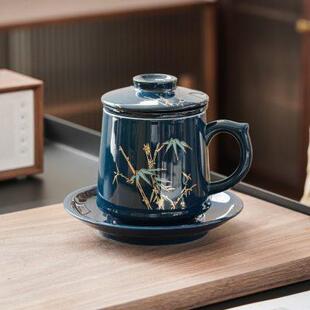 简约茶水分离杯子 陶瓷茶杯带盖国风办公室过滤泡茶杯家用水杯男士