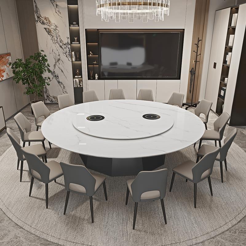 岩板圆形电磁炉餐桌椅带内嵌转盘电动大理石桌隐形式10人火锅桌子
