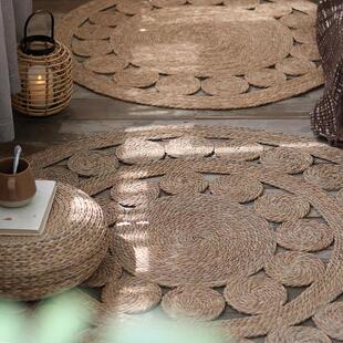 手工蒲草编织圆形地垫北欧环保民宿客厅茶几垫民族风镂空图案地毯