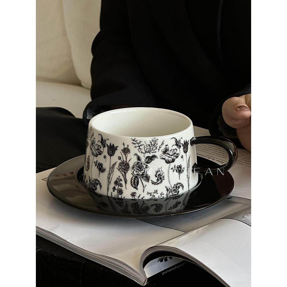 岸梵 法式复古馨香远馥咖啡杯碟套装黑色高档精致下午茶陶瓷杯子,餐饮具,咖啡杯,淘宝优惠券,粉丝福利购,淘宝优惠卷