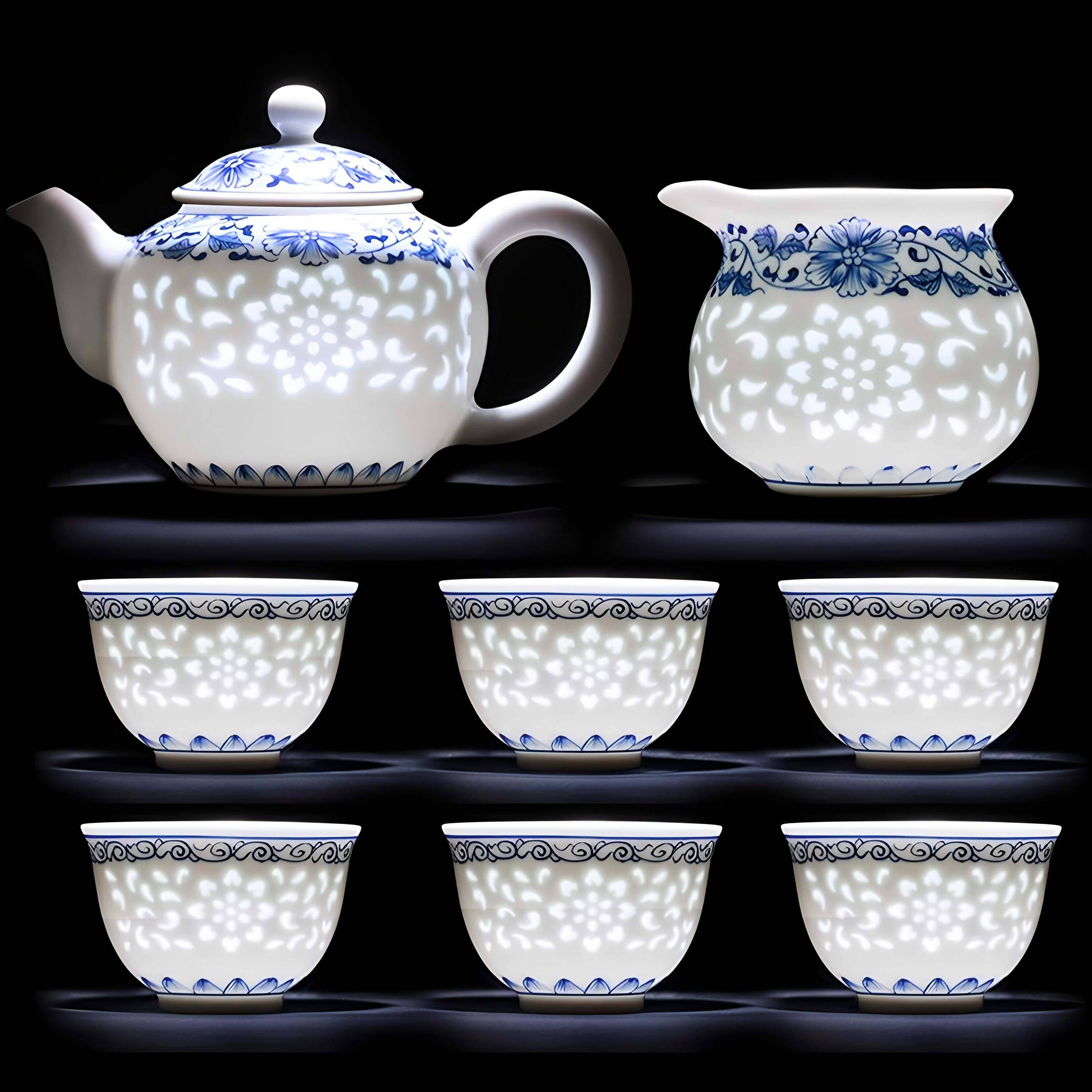 景德镇玲珑瓷茶具泡茶壶青花瓷茶具套装高档轻奢手绘陶瓷杯礼盒装