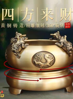 纯黄铜四方来财聚宝盆摆件居家时来运转室内桌面铜四象金蟾聚宝盆