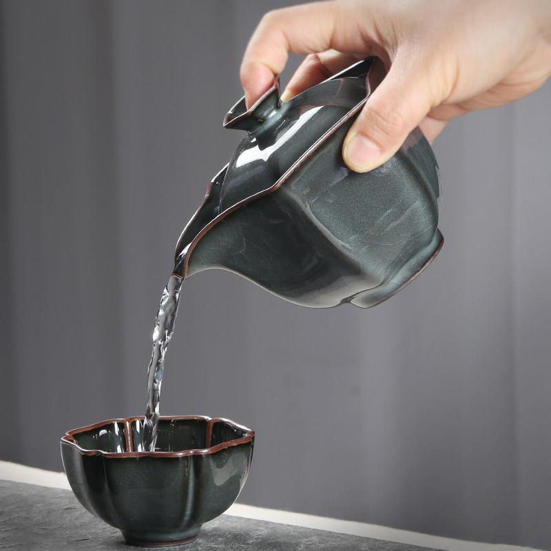 现代家用哥窑铁胎青瓷功夫茶具陶瓷冰裂纹客厅可携式手抓一壶两套