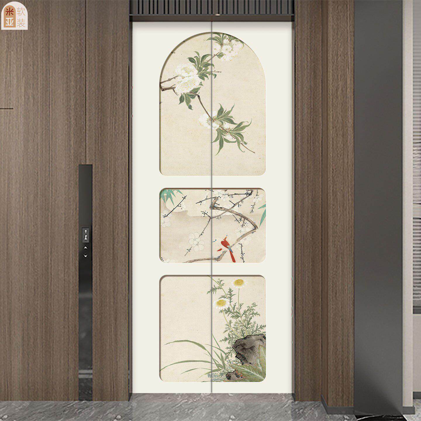新中式花鸟电梯门一梯一入户门口装饰布置贴纸高级感遮丑贴画定制