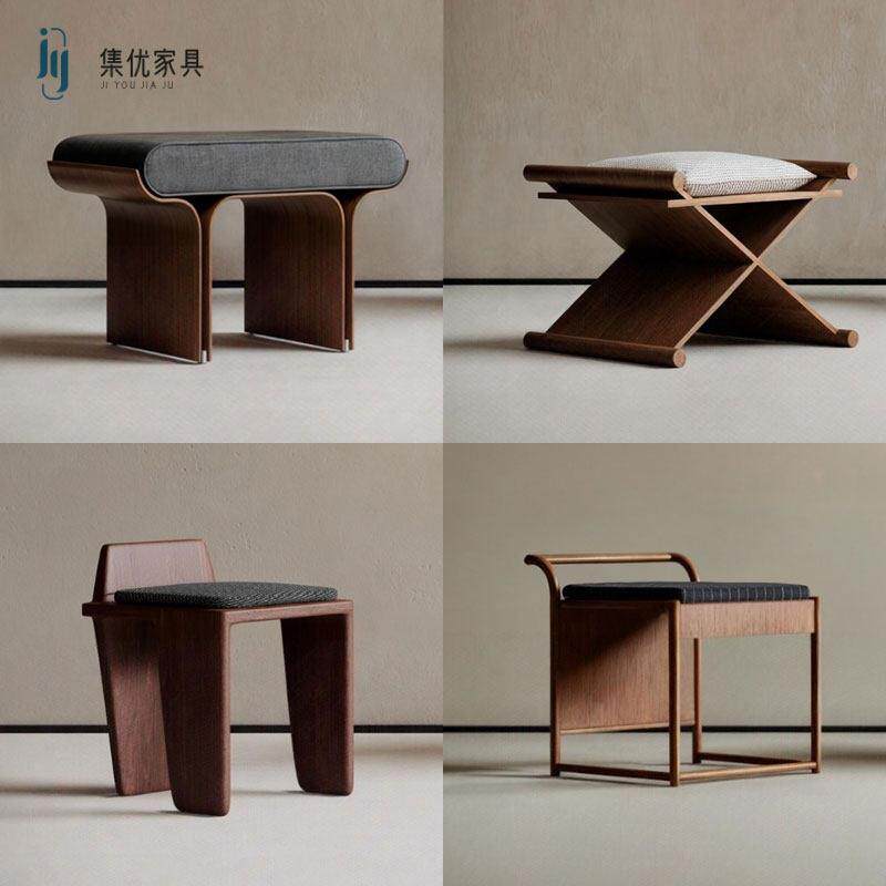 新中式实木矮凳现代中古茶凳胡桃色客厅休闲沙发凳宋式梳妆换鞋凳