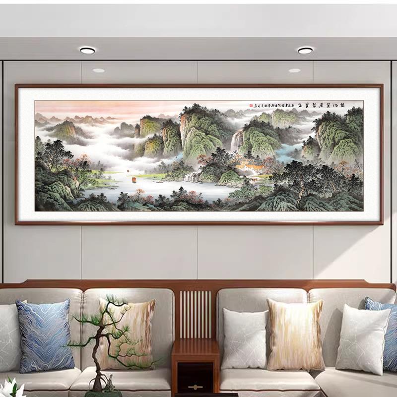 水墨国画山水画喷绘大气聚宝盆客厅挂画靠山办公室装饰画流水生财