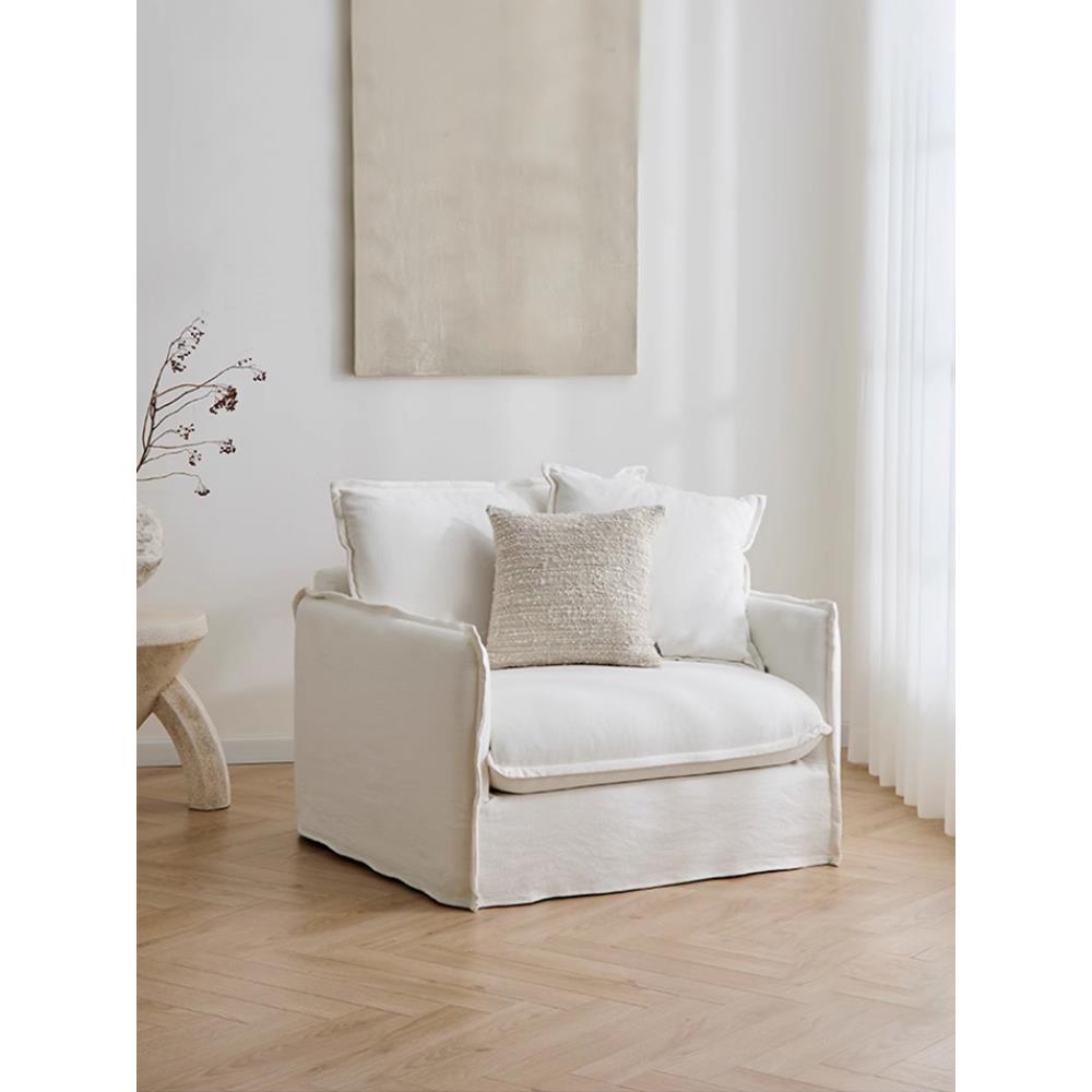 单人沙发客厅休闲椅复古懒人沙发亚麻白色扶手椅中古单椅