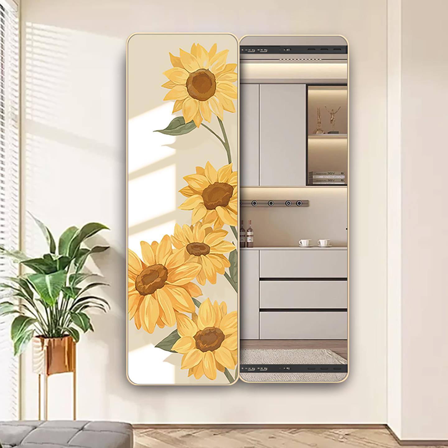 超薄隐藏式穿衣镜全身镜隐形向日葵挂画可推拉暗藏可关闭镜子玄关