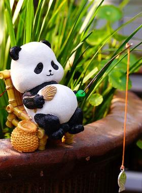 钓鱼饰品创意熊猫古法鱼缸水族装饰景观假山流水装置鱼塘装饰