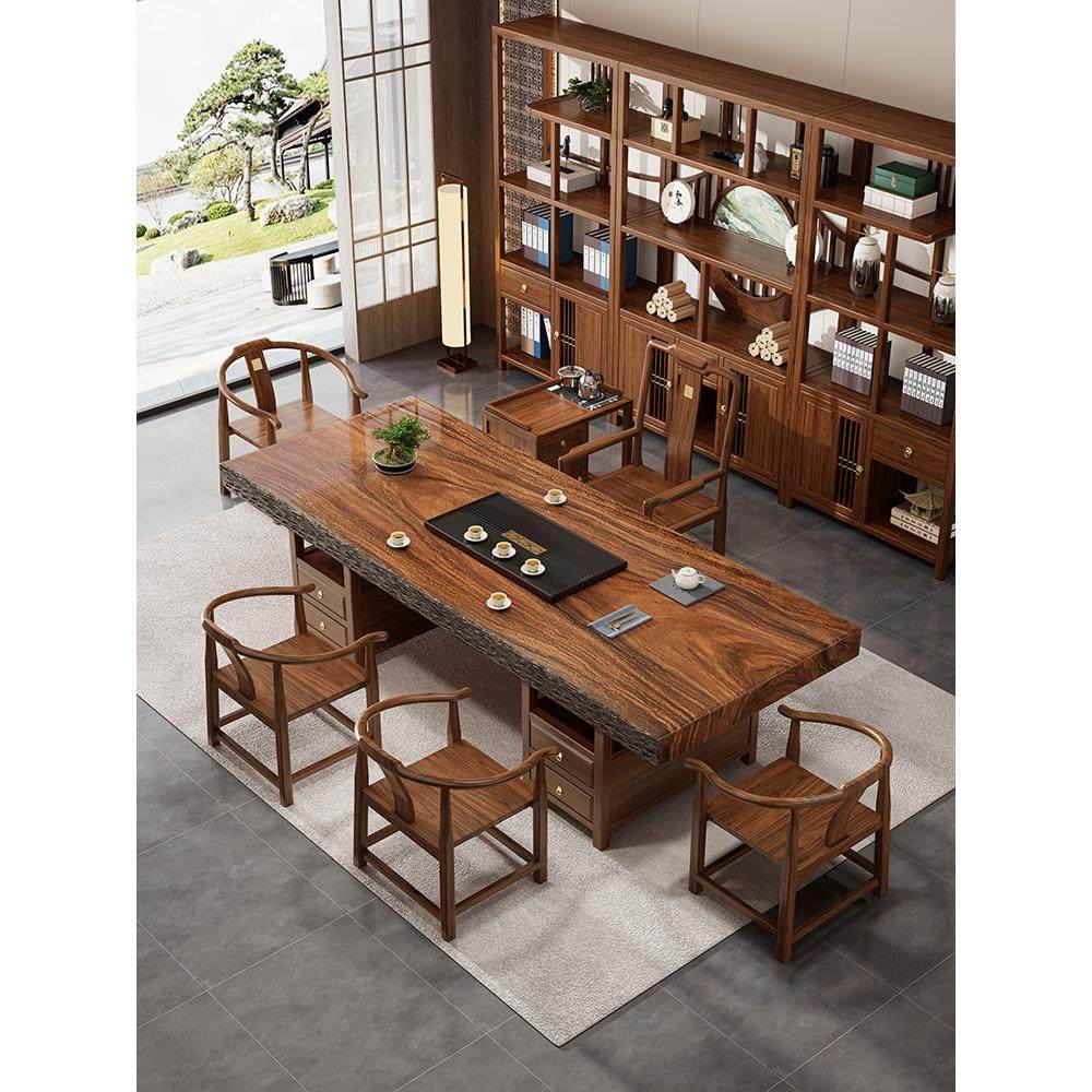 新中式茶桌椅组合全实木大板茶台办公家用现代简约一桌五椅泡茶台,住宅家具,家用茶台/茶桌,淘宝优惠券,粉丝福利购,淘宝优惠卷