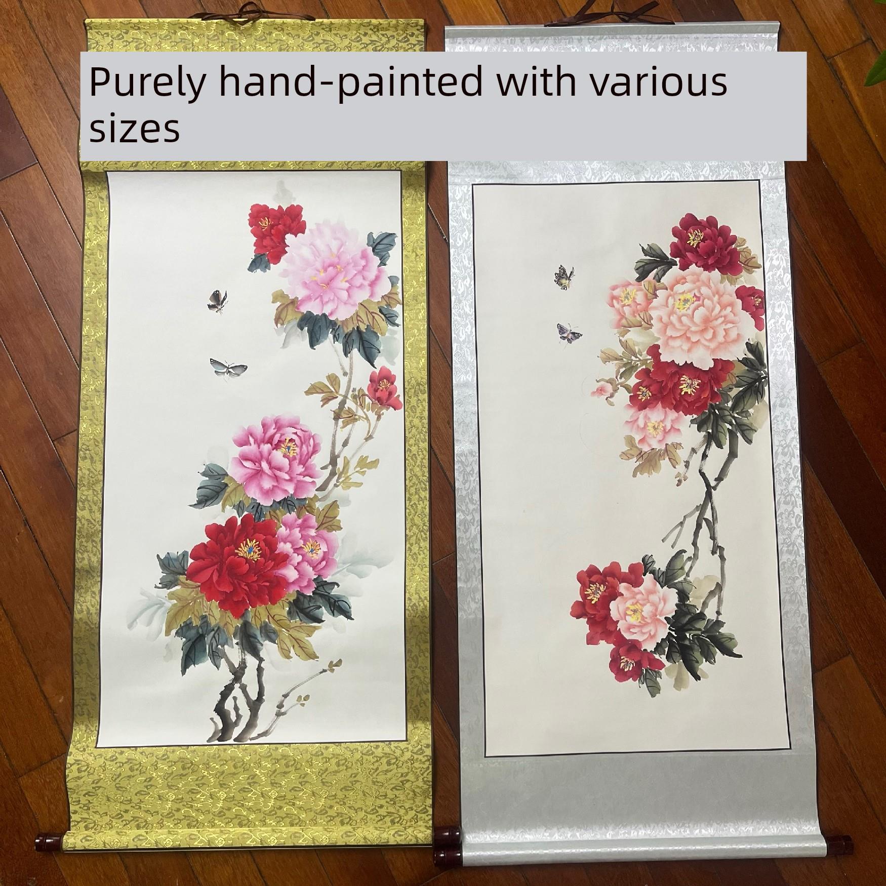 国画牡丹纯手绘宣纸花开富贵扇面竖幅横幅九鱼图挂画小品斗方定制