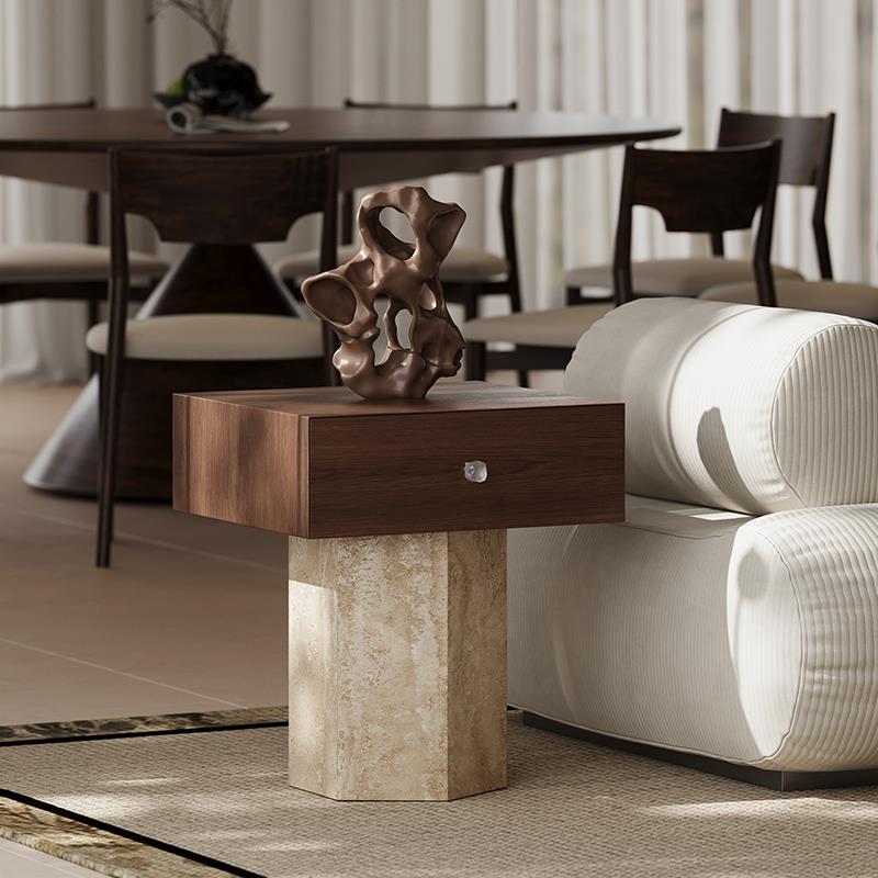 侘寂风实木洞石小茶几客厅家用沙发边几角几中古设计师床头储物柜