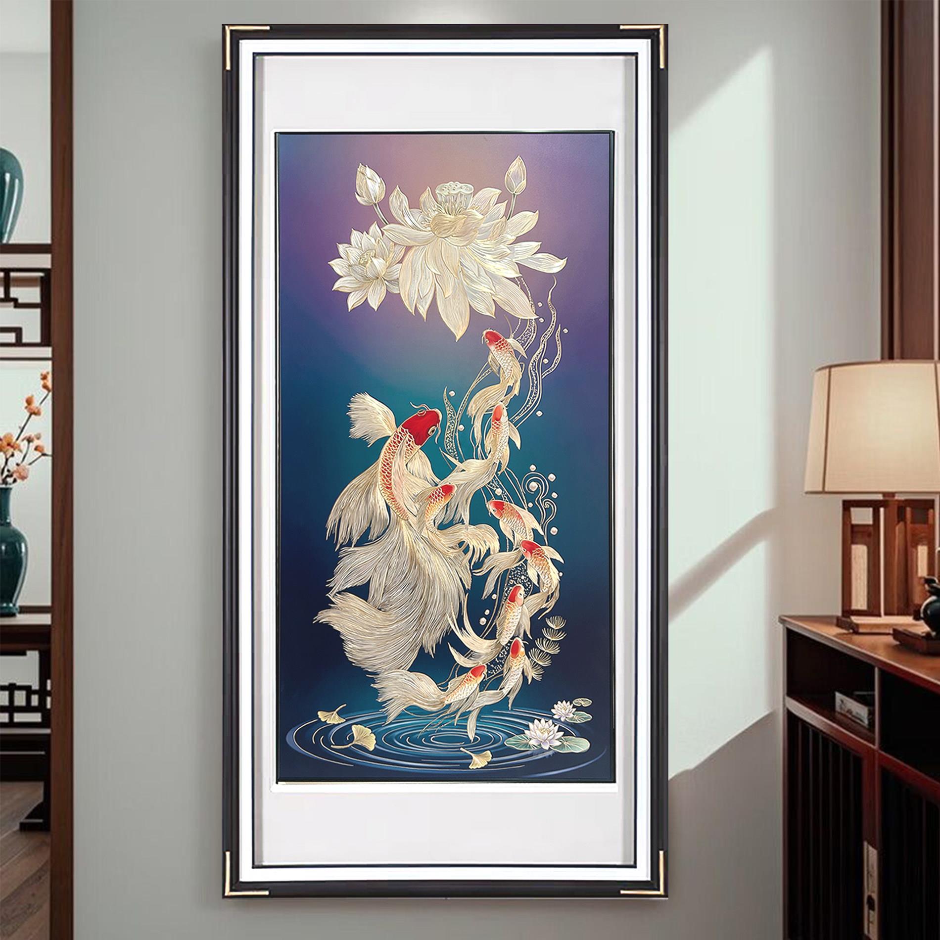 可定制手工雕刻铜雕装饰画入户玄关走廊过道今天九鱼荷花图新中式