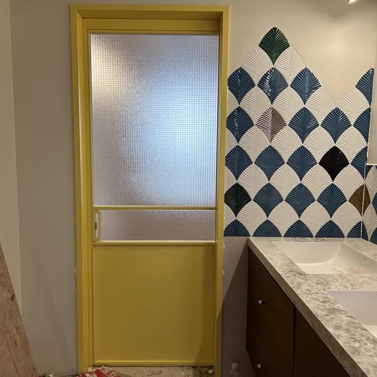 黄色法式覆古卫生间单扇窄边推拉门吊轨厨房香梨铁丝玻璃移门彩色