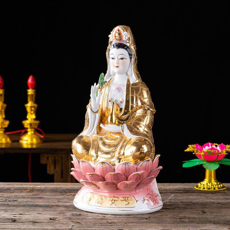 高档陶瓷观音娘娘菩萨佛像家居开业乔迁摆件南海观世音神像套装
