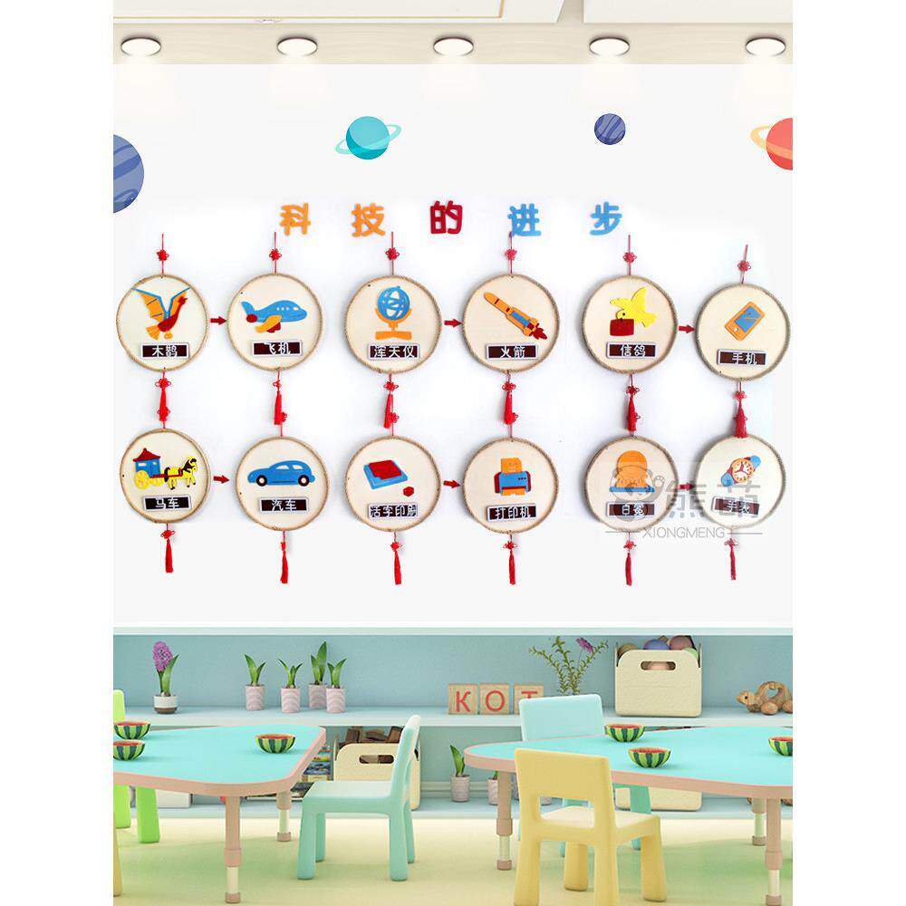幼儿园教室环创主题科技的进步墙面装饰吊饰走廊楼梯布置材料挂饰