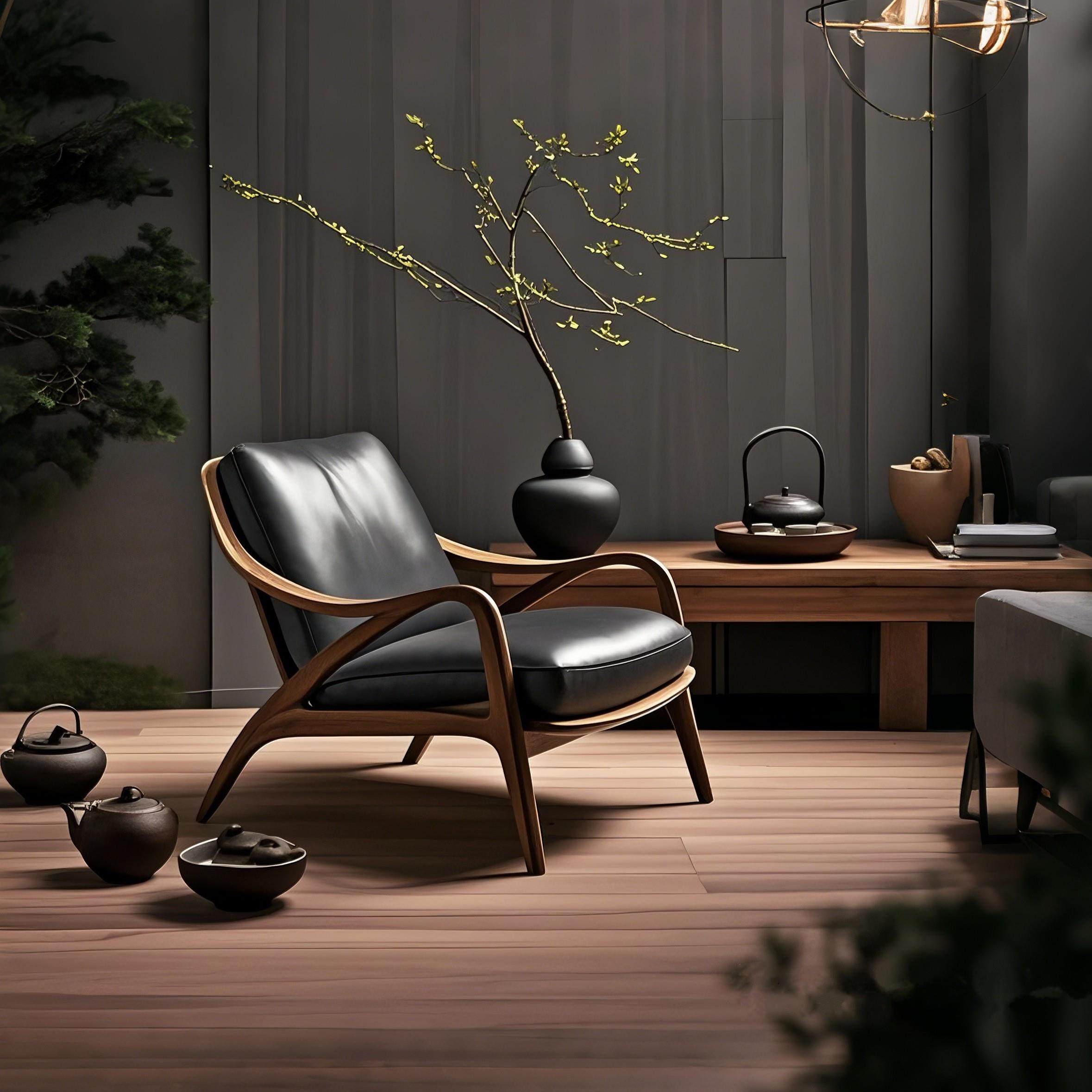 中古实木沙发椅北美黑胡桃木真皮阳台书房办公室设计师单人休闲