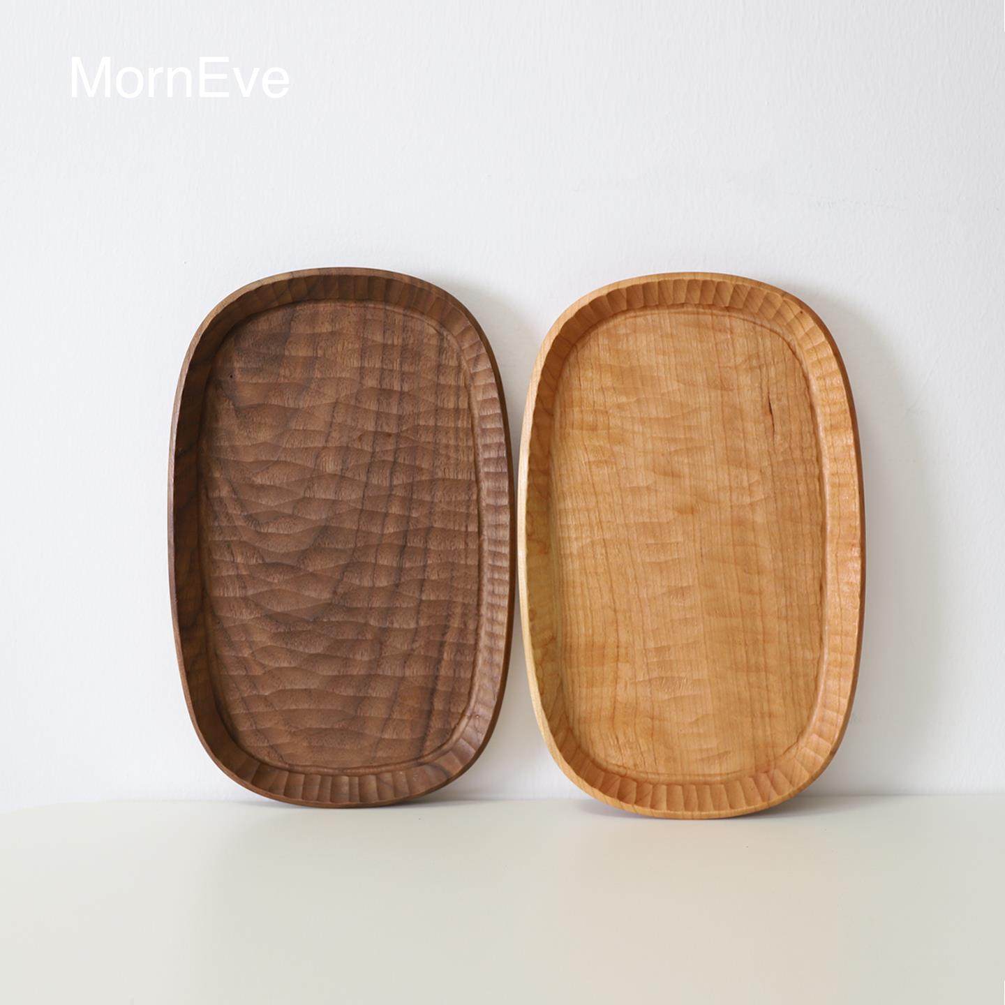 朝夕集 手作实木托盘黑胡桃木樱桃木整木雕刻盘长方形茶盘点心盘