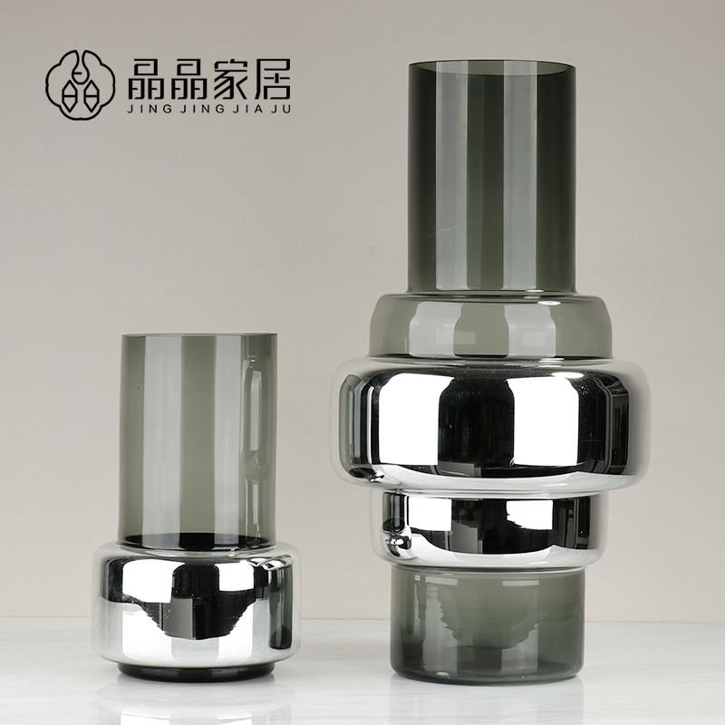 进口简约轻奢烟灰色直筒落地玻璃电镀金银插花瓶水培软装玄关摆件